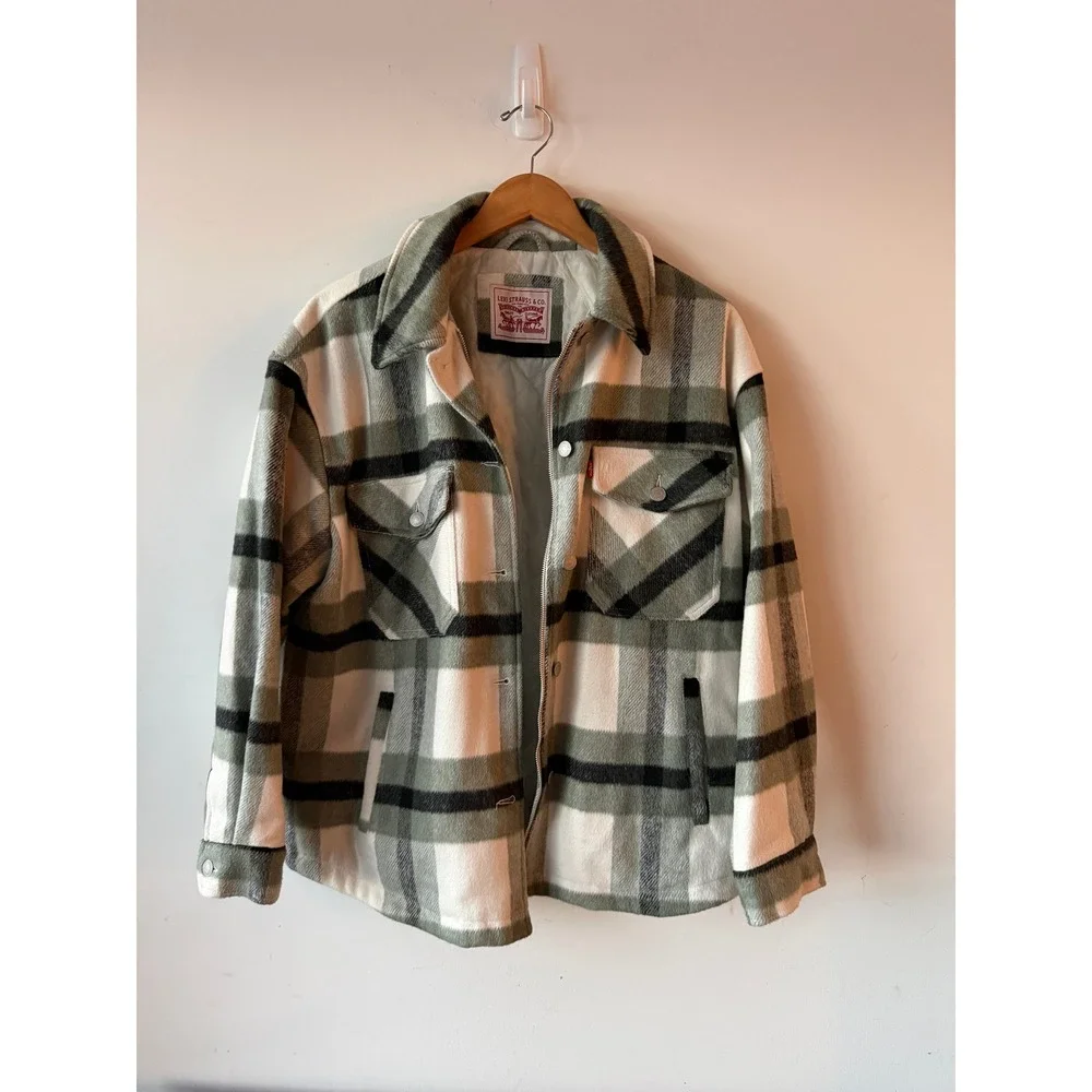 Levis Mens Plaid Quilted Shirt Jacket Green White Full Zip Shacket Large